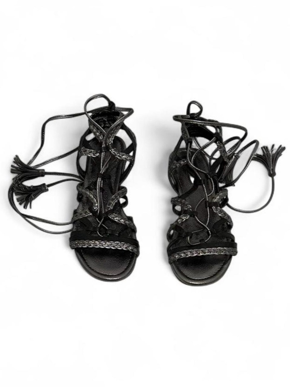 Women’s BCBGeneration Leather Black Silver Strappy Lace Up Tassel Flat Sandals 7